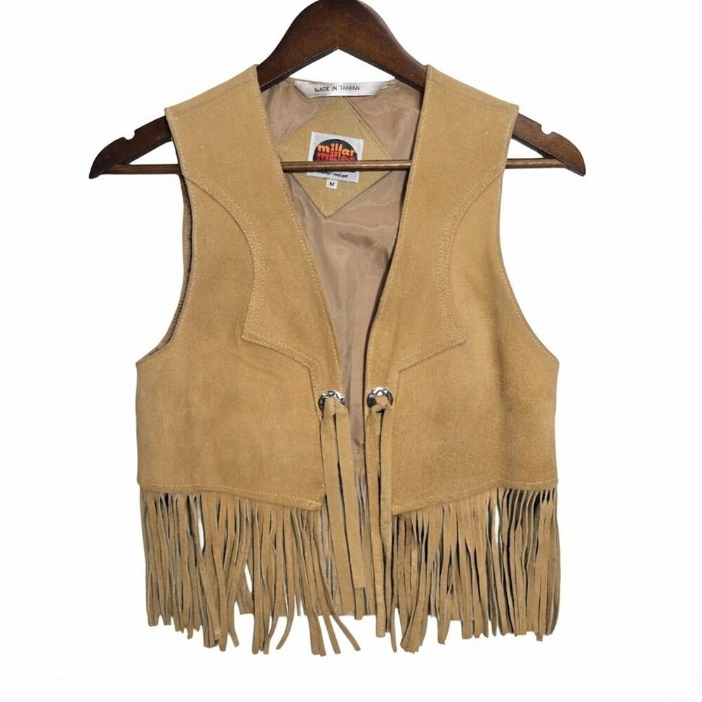Vtg 70s Miller Western Suede Leather Fringe Vest Womens Medium M Cow Hide Boho
